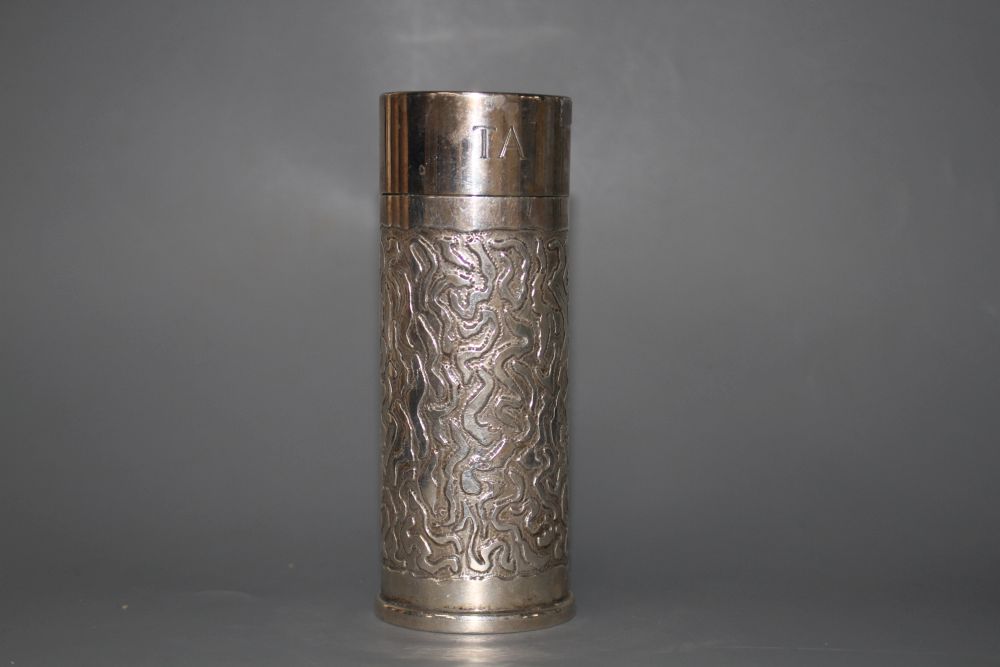 Anthony Hawksley. A silver caster with cast wrigglework decoration, initialled JRTA, London 1982, 12.25cm, 6oz.